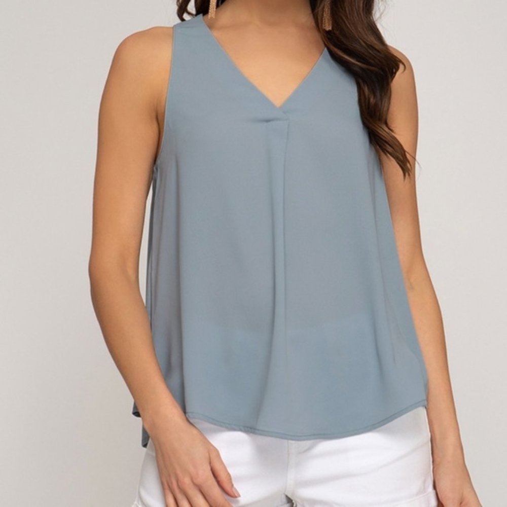 NWT! She and Sky Dusty Blue V-Front Blouse